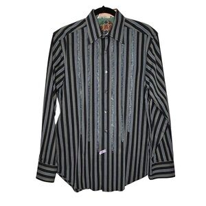 Robert Graham Black/Blue/Orange Striped Button-Up Shirt w/Embroidered Front Sz M
